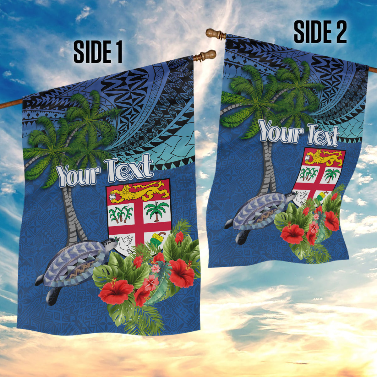 Personalised Fiji Independence Day Garden Flag Fijian Coat of Arms Palm and Hibiscus Tapa Pattern LT03 - Polynesian Pride