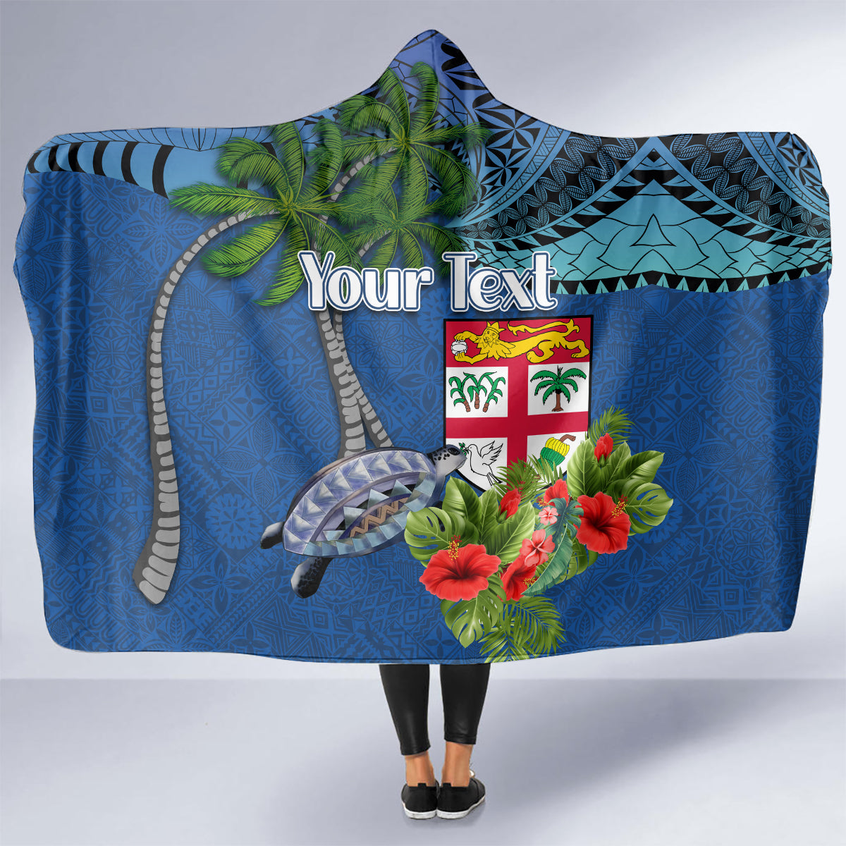 Personalised Fiji Independence Day Hooded Blanket Fijian Coat of Arms Palm and Hibiscus Tapa Pattern LT03 - Polynesian Pride