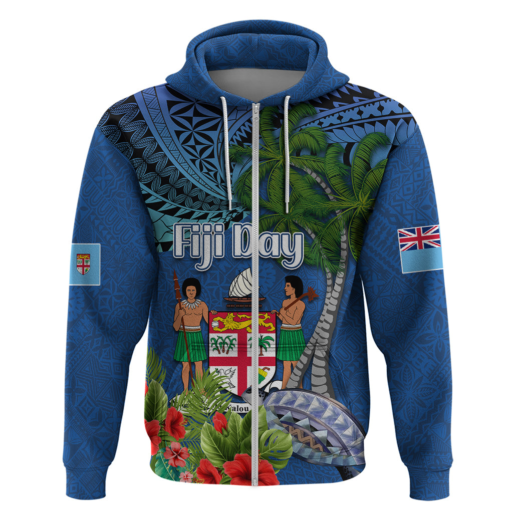 Personalised Fiji Independence Day Hoodie Fijian Coat of Arms Palm and Hibiscus Tapa Pattern LT03 Zip Hoodie Blue - Polynesian Pride