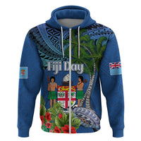 Personalised Fiji Independence Day Hoodie Fijian Coat of Arms Palm and Hibiscus Tapa Pattern LT03 Zip Hoodie Blue - Polynesian Pride