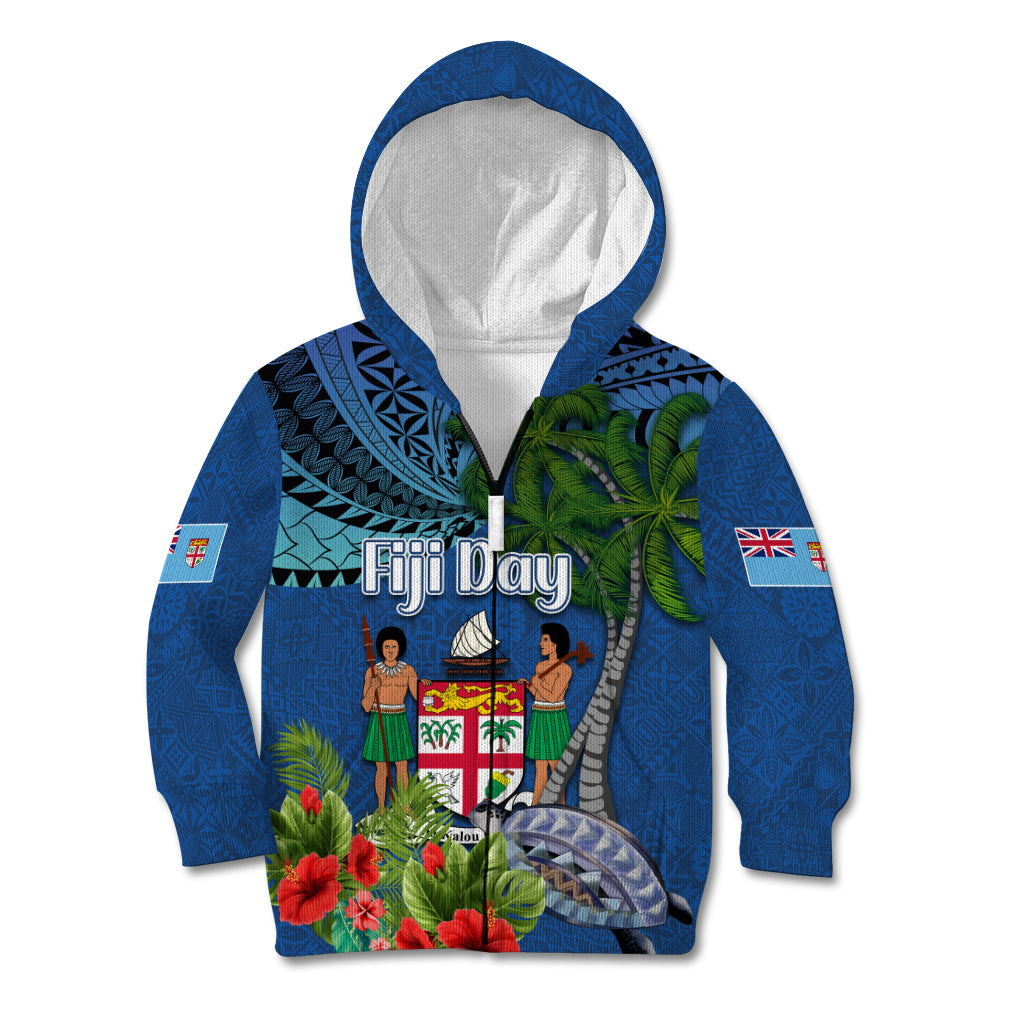Personalised Fiji Independence Day Kid Hoodie Fijian Coat of Arms Palm and Hibiscus Tapa Pattern LT03 Zip Hoodie Blue - Polynesian Pride