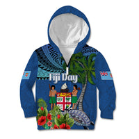 Personalised Fiji Independence Day Kid Hoodie Fijian Coat of Arms Palm and Hibiscus Tapa Pattern LT03 Zip Hoodie Blue - Polynesian Pride