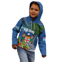 Personalised Fiji Independence Day Kid Hoodie Fijian Coat of Arms Palm and Hibiscus Tapa Pattern LT03 - Polynesian Pride