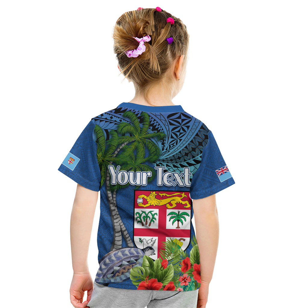 Personalised Fiji Independence Day Kid T Shirt Fijian Coat of Arms Palm and Hibiscus Tapa Pattern LT03 - Polynesian Pride