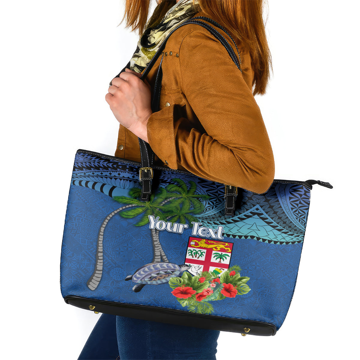 Personalised Fiji Independence Day Leather Tote Bag Fijian Coat of Arms Palm and Hibiscus Tapa Pattern LT03 Blue - Polynesian Pride