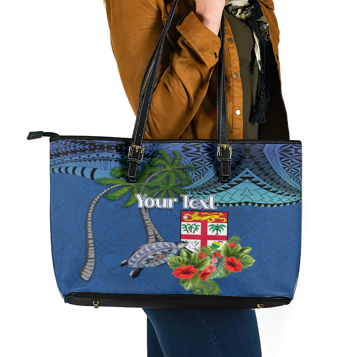 Personalised Fiji Independence Day Leather Tote Bag Fijian Coat of Arms Palm and Hibiscus Tapa Pattern LT03 - Polynesian Pride