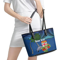 Personalised Fiji Independence Day Leather Tote Bag Fijian Coat of Arms Palm and Hibiscus Tapa Pattern LT03 - Polynesian Pride