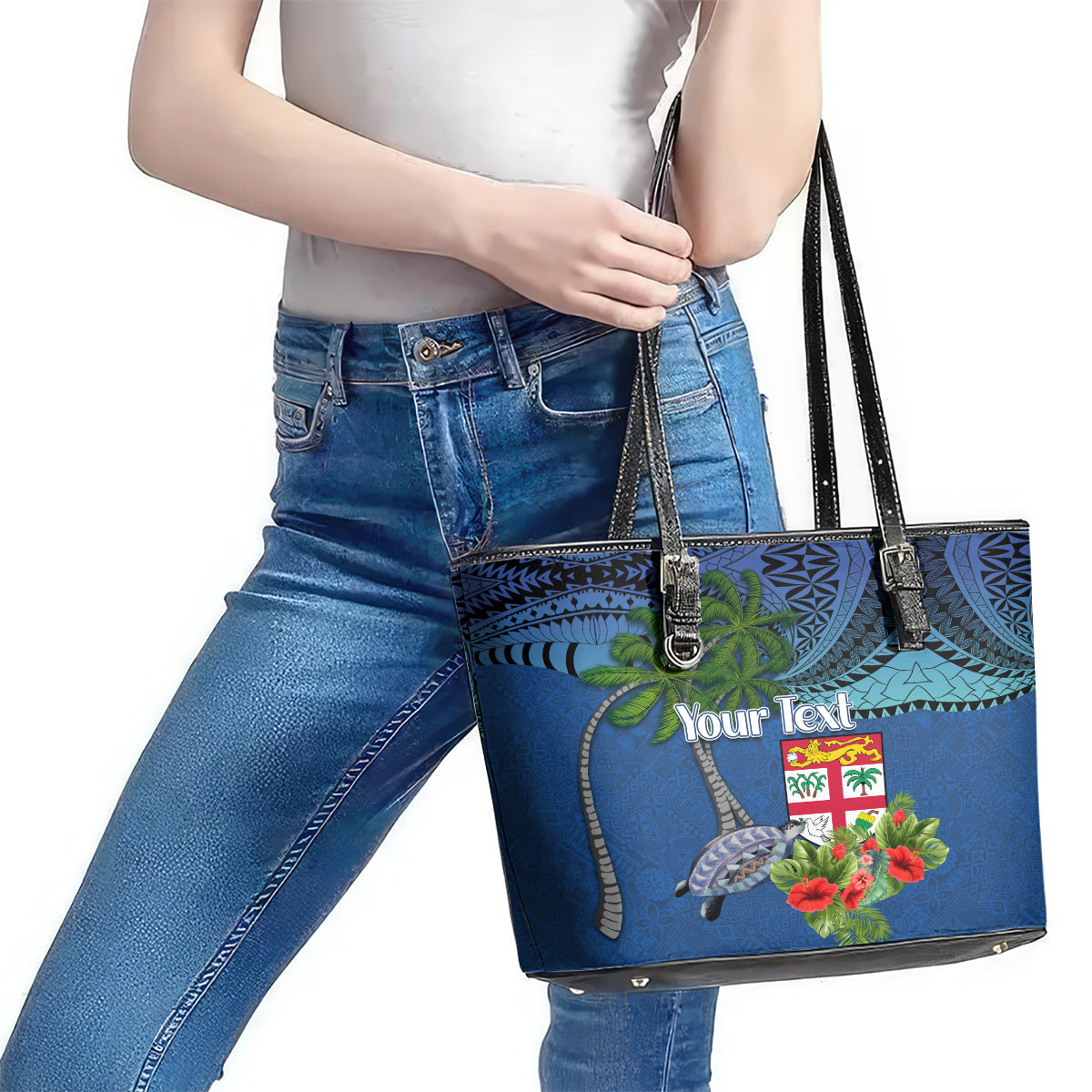 Personalised Fiji Independence Day Leather Tote Bag Fijian Coat of Arms Palm and Hibiscus Tapa Pattern LT03 - Polynesian Pride
