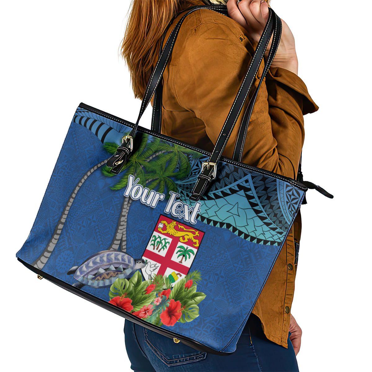 Personalised Fiji Independence Day Leather Tote Bag Fijian Coat of Arms Palm and Hibiscus Tapa Pattern LT03 - Polynesian Pride