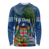 Personalised Fiji Independence Day Long Sleeve Shirt Fijian Coat of Arms Palm and Hibiscus Tapa Pattern LT03 Unisex Blue - Polynesian Pride