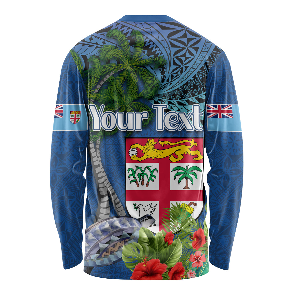 Personalised Fiji Independence Day Long Sleeve Shirt Fijian Coat of Arms Palm and Hibiscus Tapa Pattern LT03 - Polynesian Pride