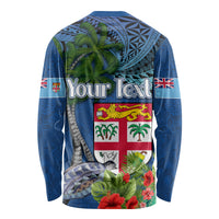 Personalised Fiji Independence Day Long Sleeve Shirt Fijian Coat of Arms Palm and Hibiscus Tapa Pattern LT03 - Polynesian Pride