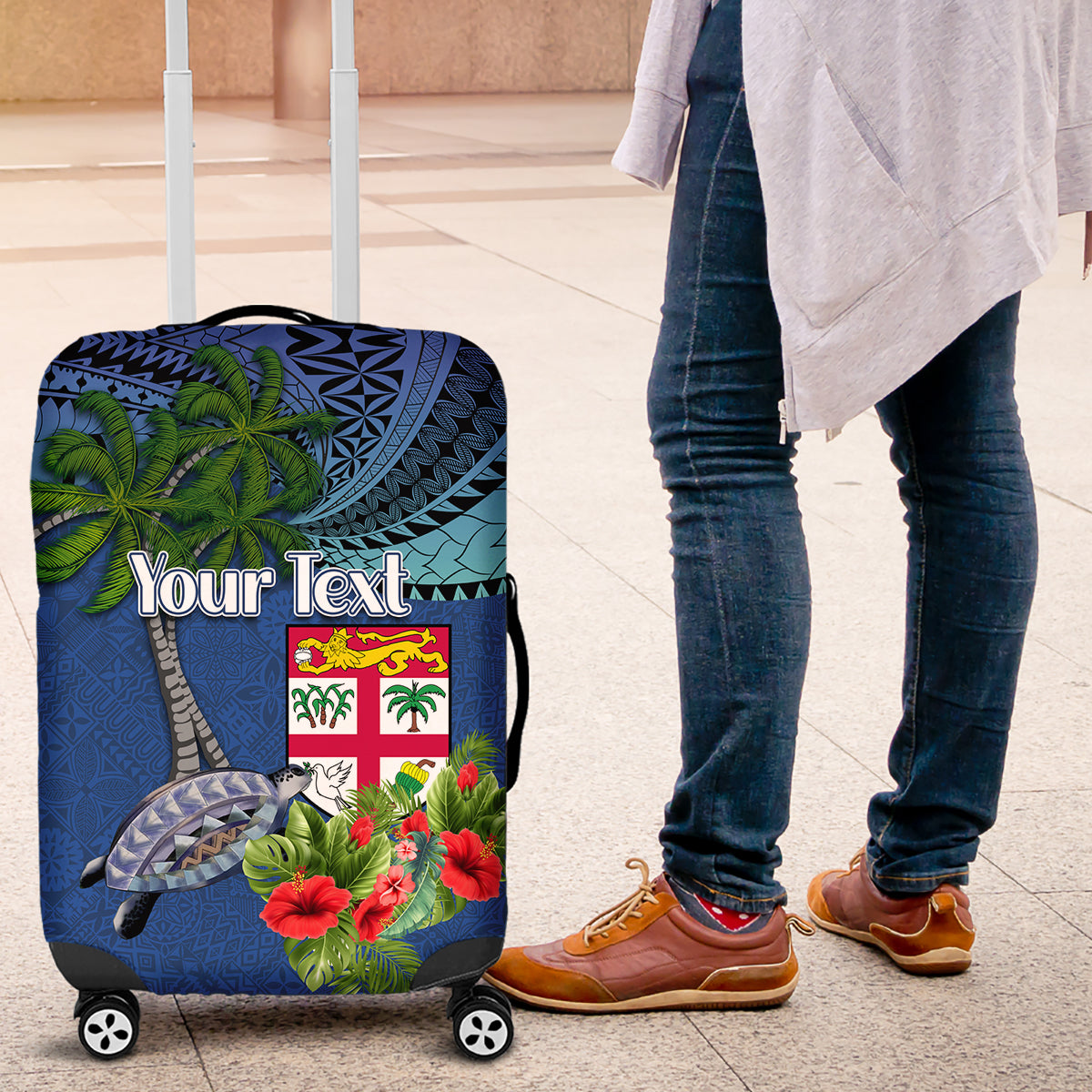 Personalised Fiji Independence Day Luggage Cover Fijian Coat of Arms Palm and Hibiscus Tapa Pattern LT03 Blue - Polynesian Pride