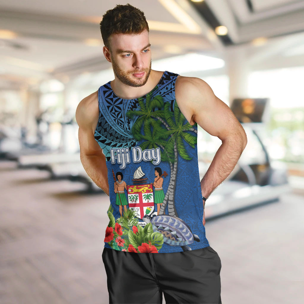 Personalised Fiji Independence Day Men Tank Top Fijian Coat of Arms Palm and Hibiscus Tapa Pattern LT03 Blue - Polynesian Pride