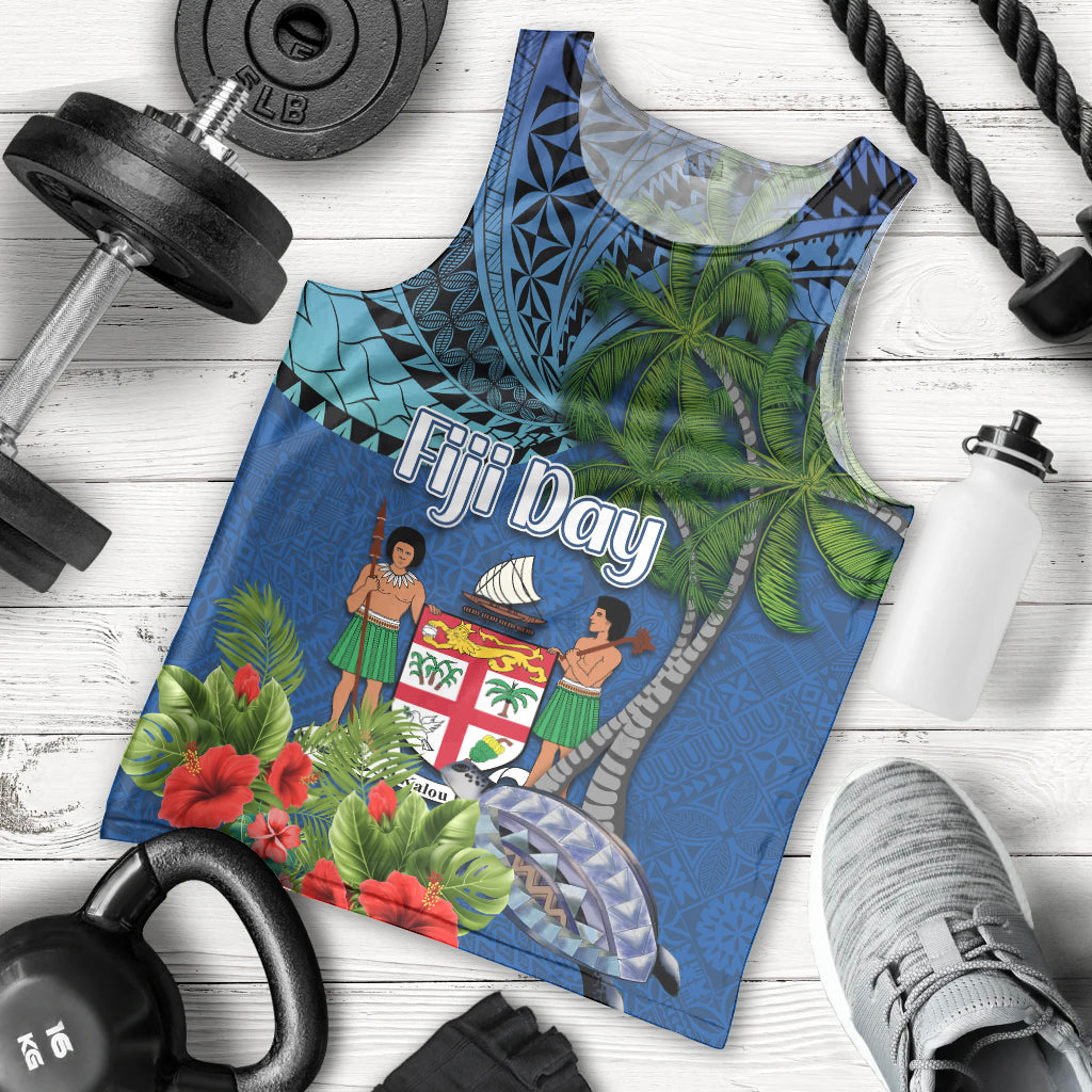 Personalised Fiji Independence Day Men Tank Top Fijian Coat of Arms Palm and Hibiscus Tapa Pattern LT03 - Polynesian Pride
