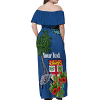 Personalised Fiji Independence Day Off Shoulder Maxi Dress Fijian Coat of Arms Palm and Hibiscus Tapa Pattern LT03 - Polynesian Pride