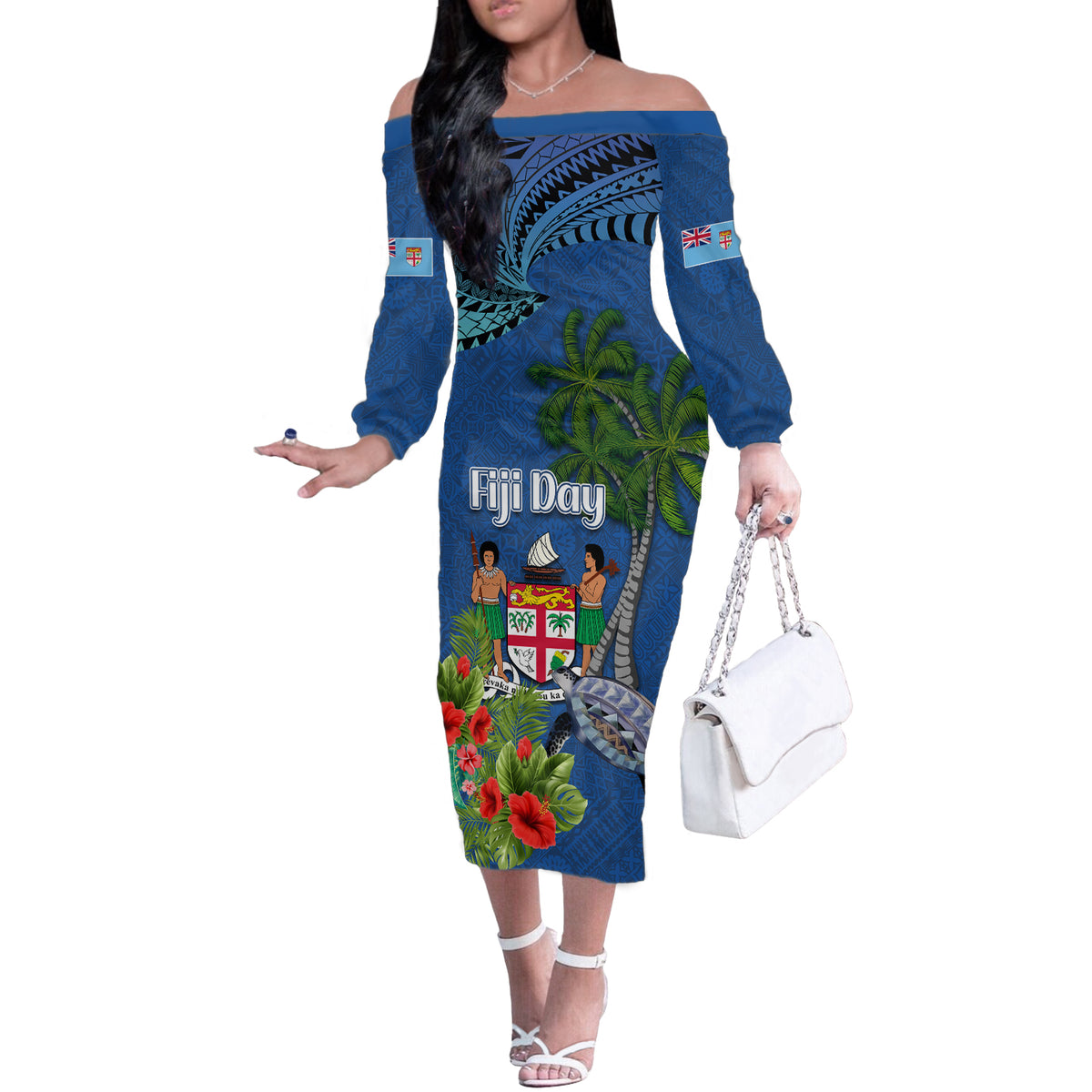 Personalised Fiji Independence Day Off The Shoulder Long Sleeve Dress Fijian Coat of Arms Palm and Hibiscus Tapa Pattern LT03 Women Blue - Polynesian Pride