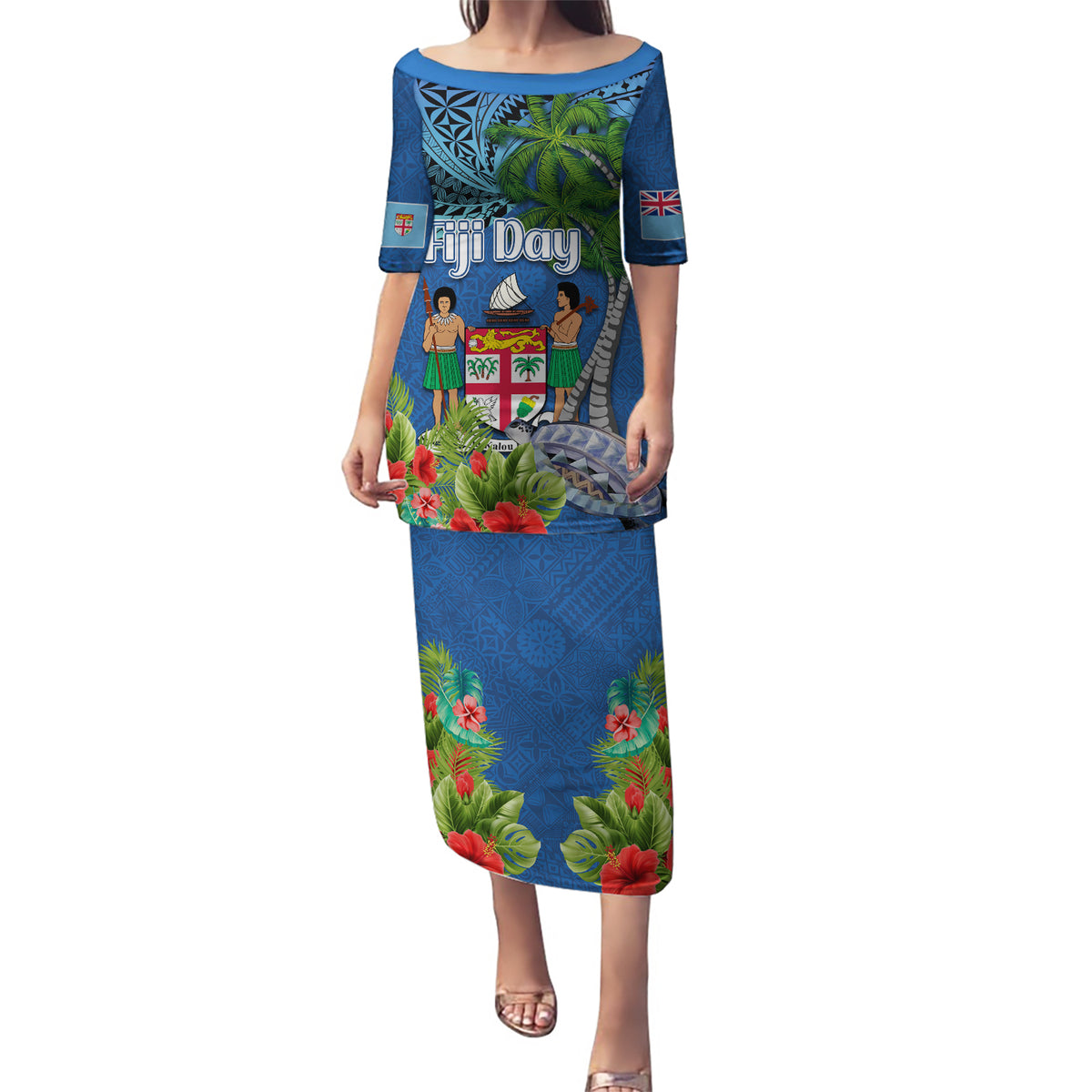 Personalised Fiji Independence Day Puletasi Fijian Coat of Arms Palm and Hibiscus Tapa Pattern LT03 Long Dress Blue - Polynesian Pride