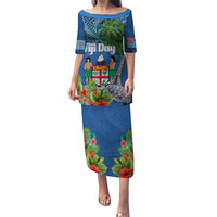 Personalised Fiji Independence Day Puletasi Fijian Coat of Arms Palm and Hibiscus Tapa Pattern LT03 Long Dress Blue - Polynesian Pride