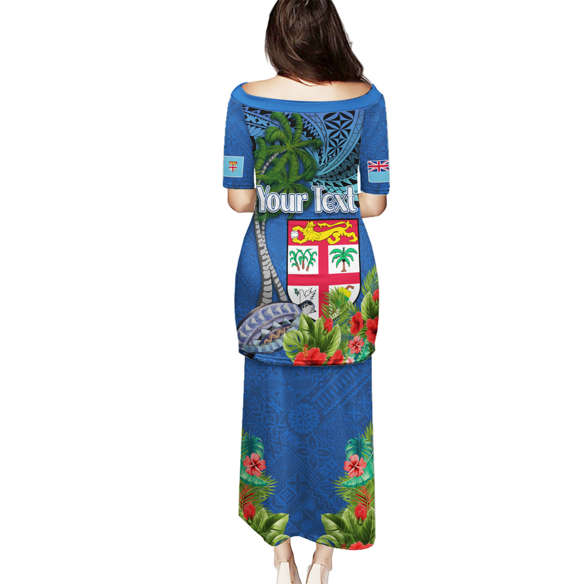 Personalised Fiji Independence Day Puletasi Fijian Coat of Arms Palm and Hibiscus Tapa Pattern LT03 - Polynesian Pride