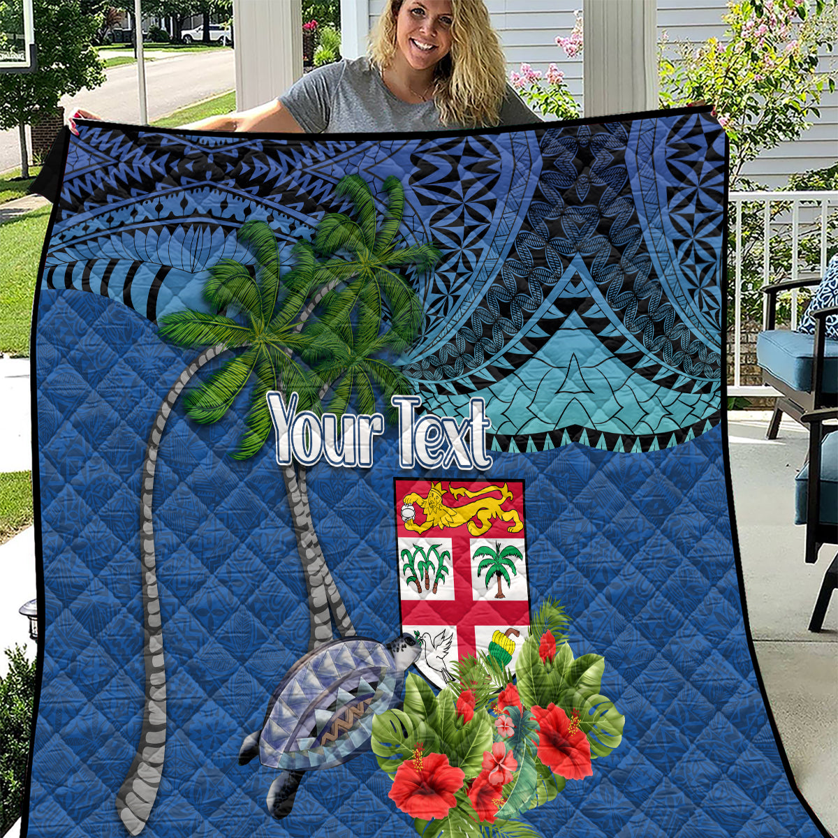 Personalised Fiji Independence Day Quilt Fijian Coat of Arms Palm and Hibiscus Tapa Pattern LT03 Blue - Polynesian Pride