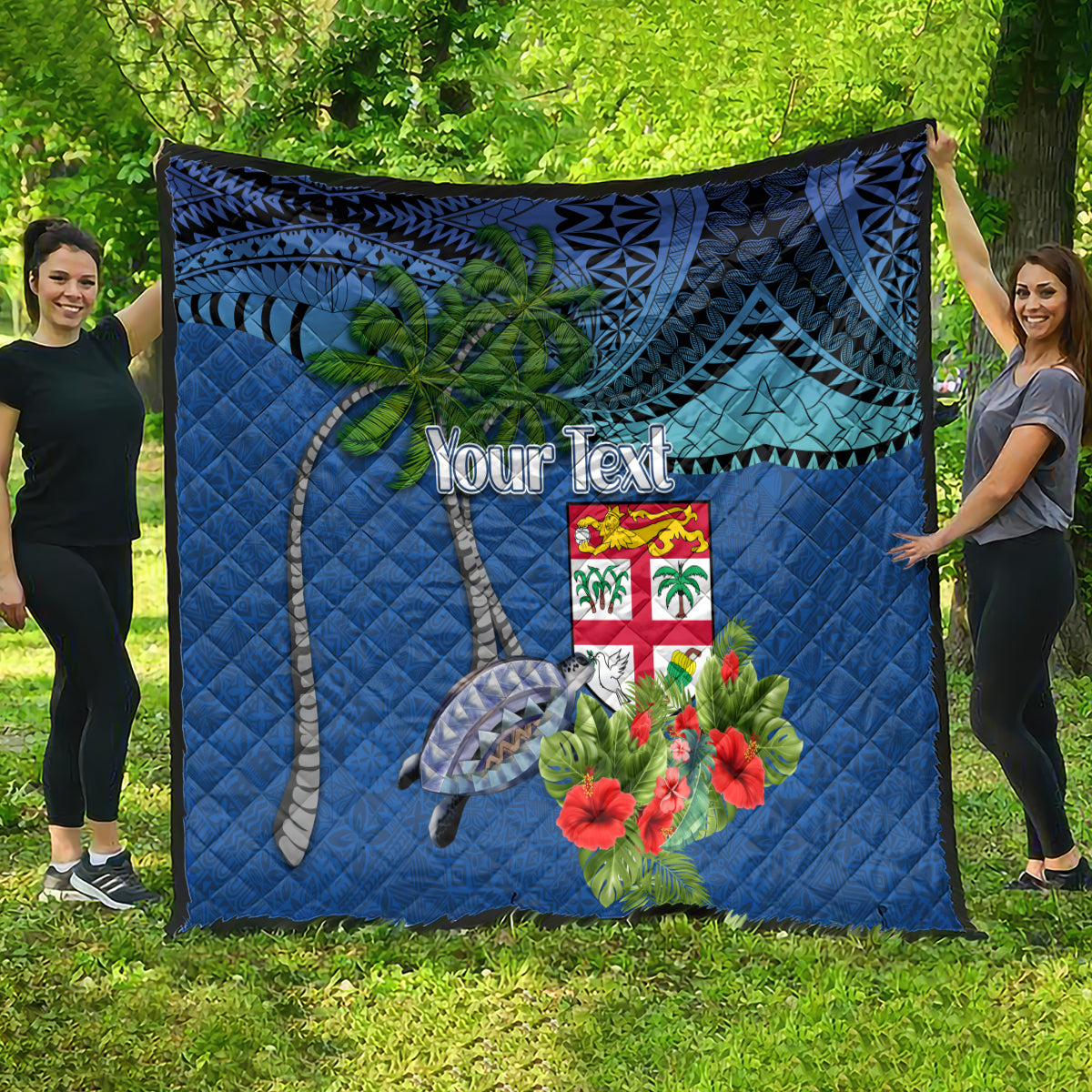 Personalised Fiji Independence Day Quilt Fijian Coat of Arms Palm and Hibiscus Tapa Pattern LT03 - Polynesian Pride