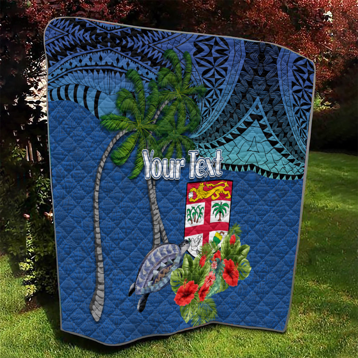 Personalised Fiji Independence Day Quilt Fijian Coat of Arms Palm and Hibiscus Tapa Pattern LT03 - Polynesian Pride