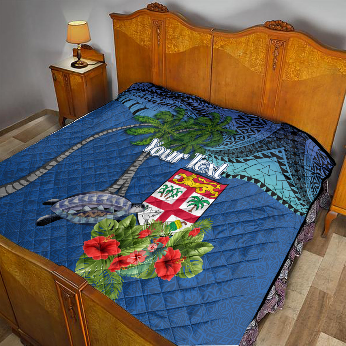 Personalised Fiji Independence Day Quilt Fijian Coat of Arms Palm and Hibiscus Tapa Pattern LT03 - Polynesian Pride
