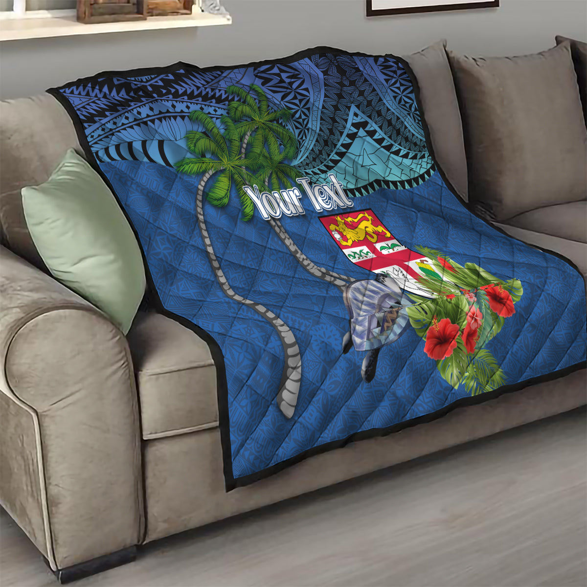 Personalised Fiji Independence Day Quilt Fijian Coat of Arms Palm and Hibiscus Tapa Pattern LT03 - Polynesian Pride