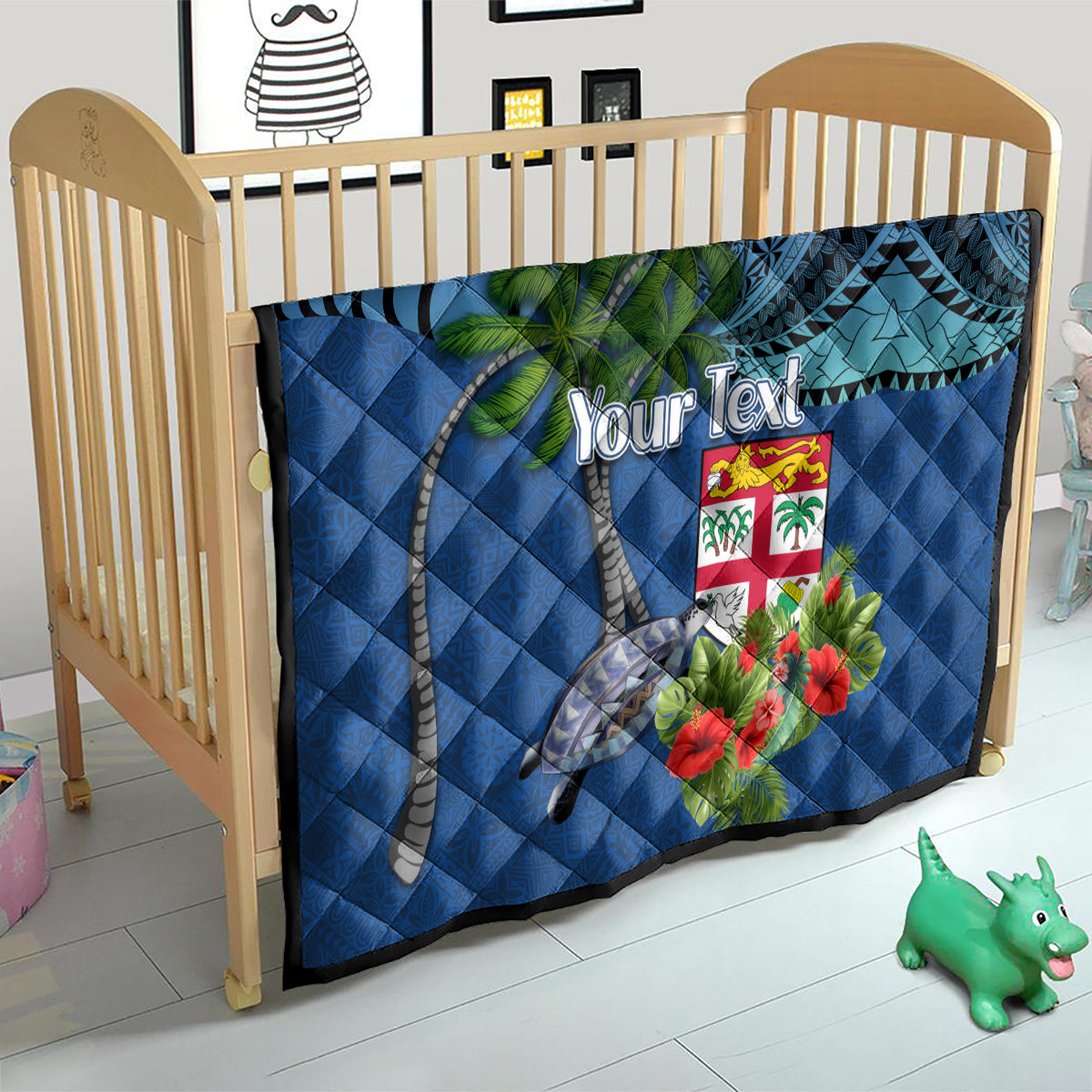 Personalised Fiji Independence Day Quilt Fijian Coat of Arms Palm and Hibiscus Tapa Pattern LT03 - Polynesian Pride