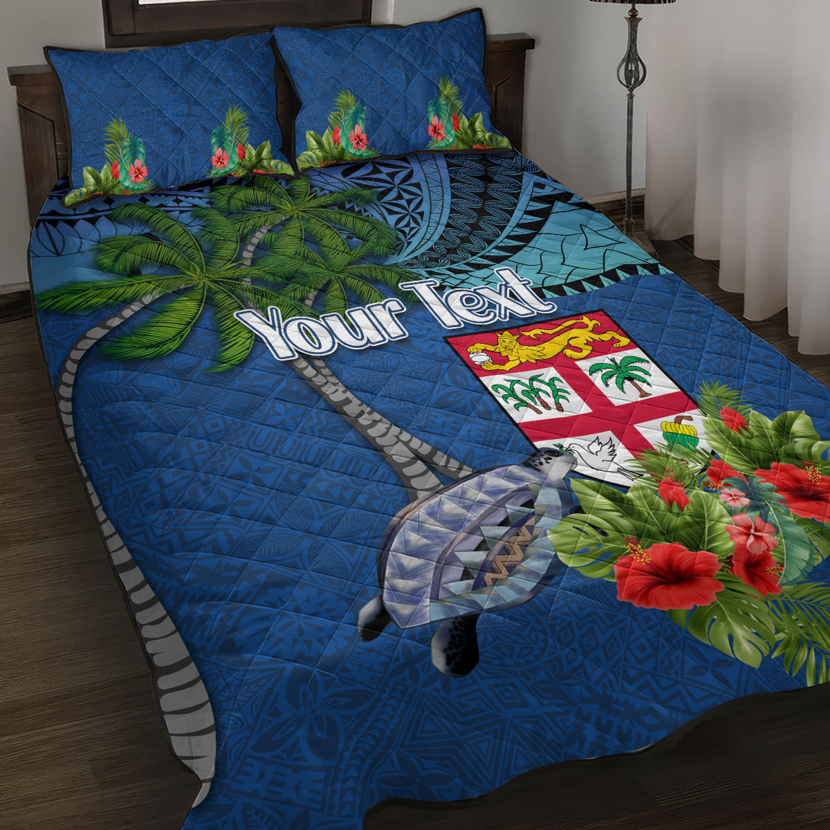 Personalised Fiji Independence Day Quilt Bed Set Fijian Coat of Arms Palm and Hibiscus Tapa Pattern LT03 Blue - Polynesian Pride