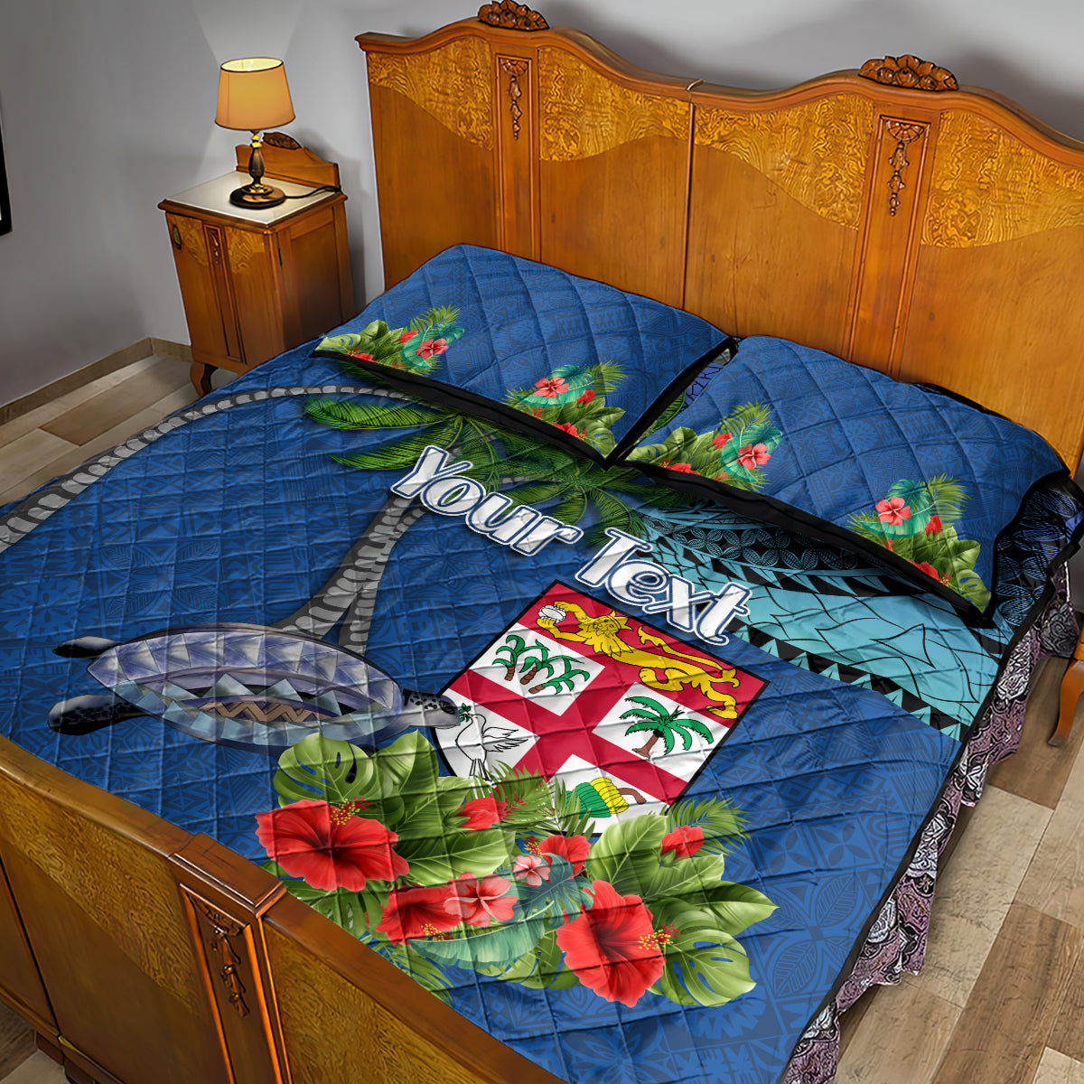 Personalised Fiji Independence Day Quilt Bed Set Fijian Coat of Arms Palm and Hibiscus Tapa Pattern LT03 - Polynesian Pride