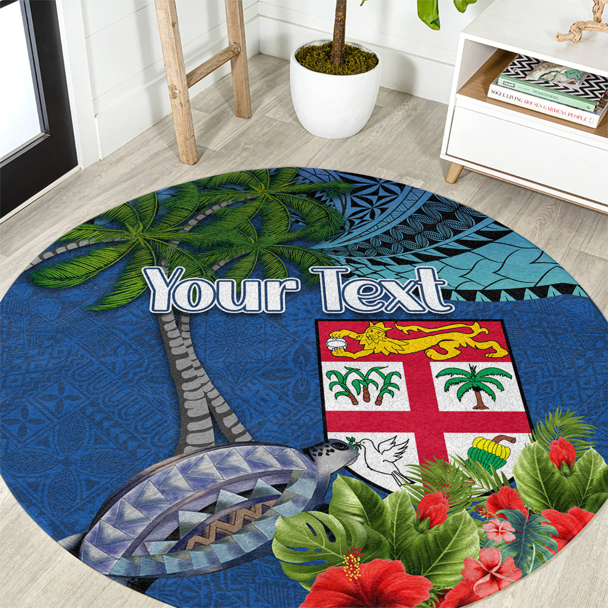 Personalised Fiji Independence Day Round Carpet Fijian Coat of Arms Palm and Hibiscus Tapa Pattern LT03 Blue - Polynesian Pride