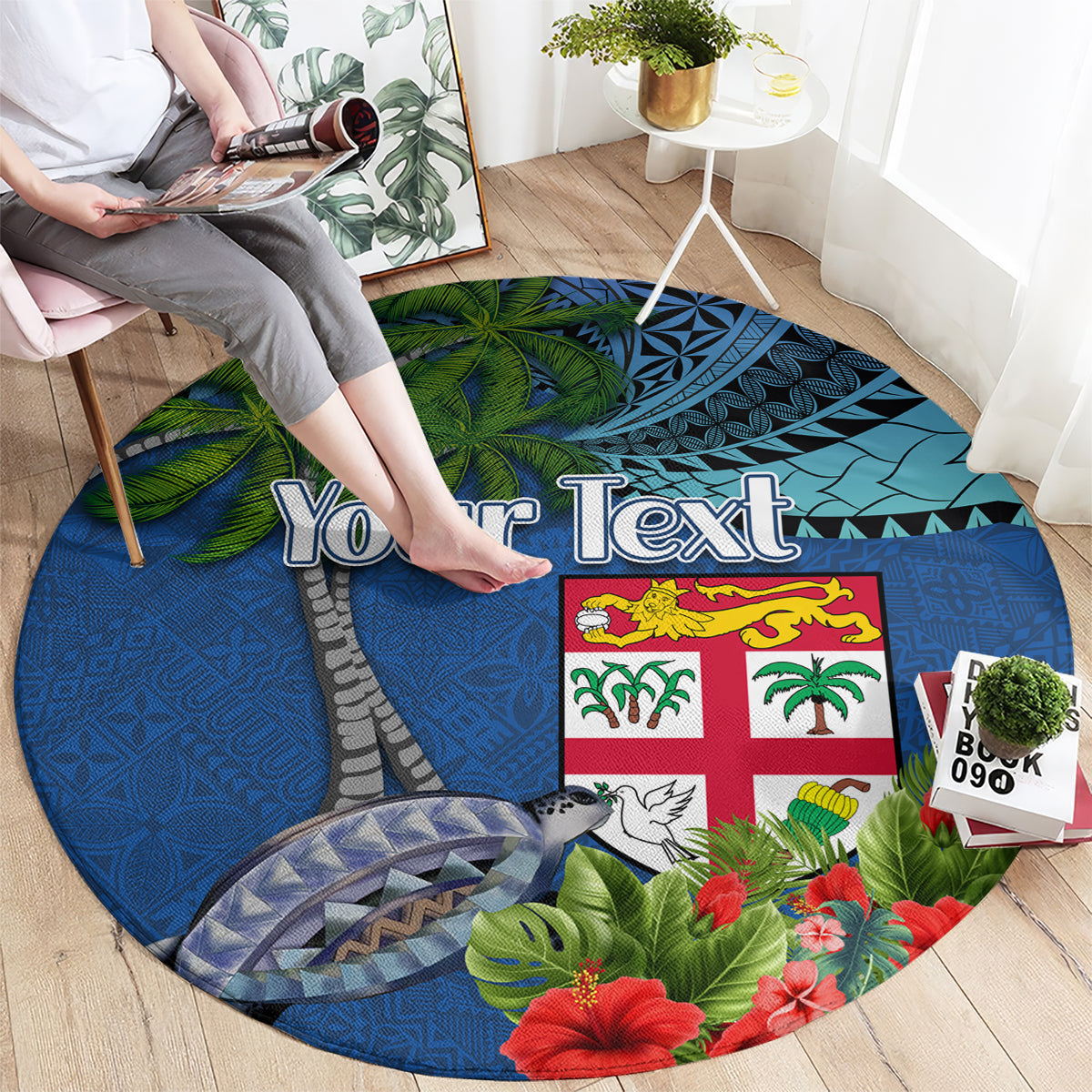 Personalised Fiji Independence Day Round Carpet Fijian Coat of Arms Palm and Hibiscus Tapa Pattern LT03 - Polynesian Pride