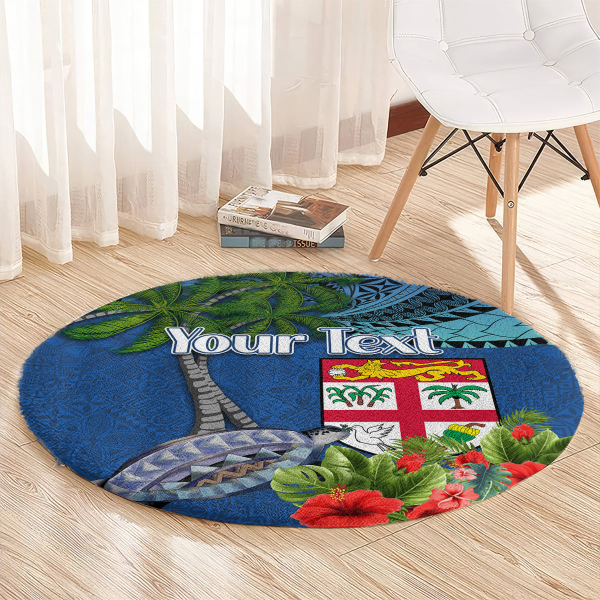 Personalised Fiji Independence Day Round Carpet Fijian Coat of Arms Palm and Hibiscus Tapa Pattern LT03 - Polynesian Pride