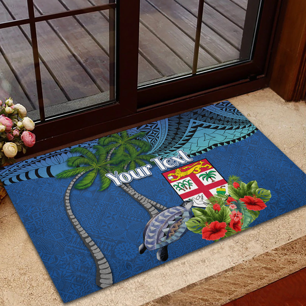 Personalised Fiji Independence Day Rubber Doormat Fijian Coat of Arms Palm and Hibiscus Tapa Pattern LT03 - Polynesian Pride