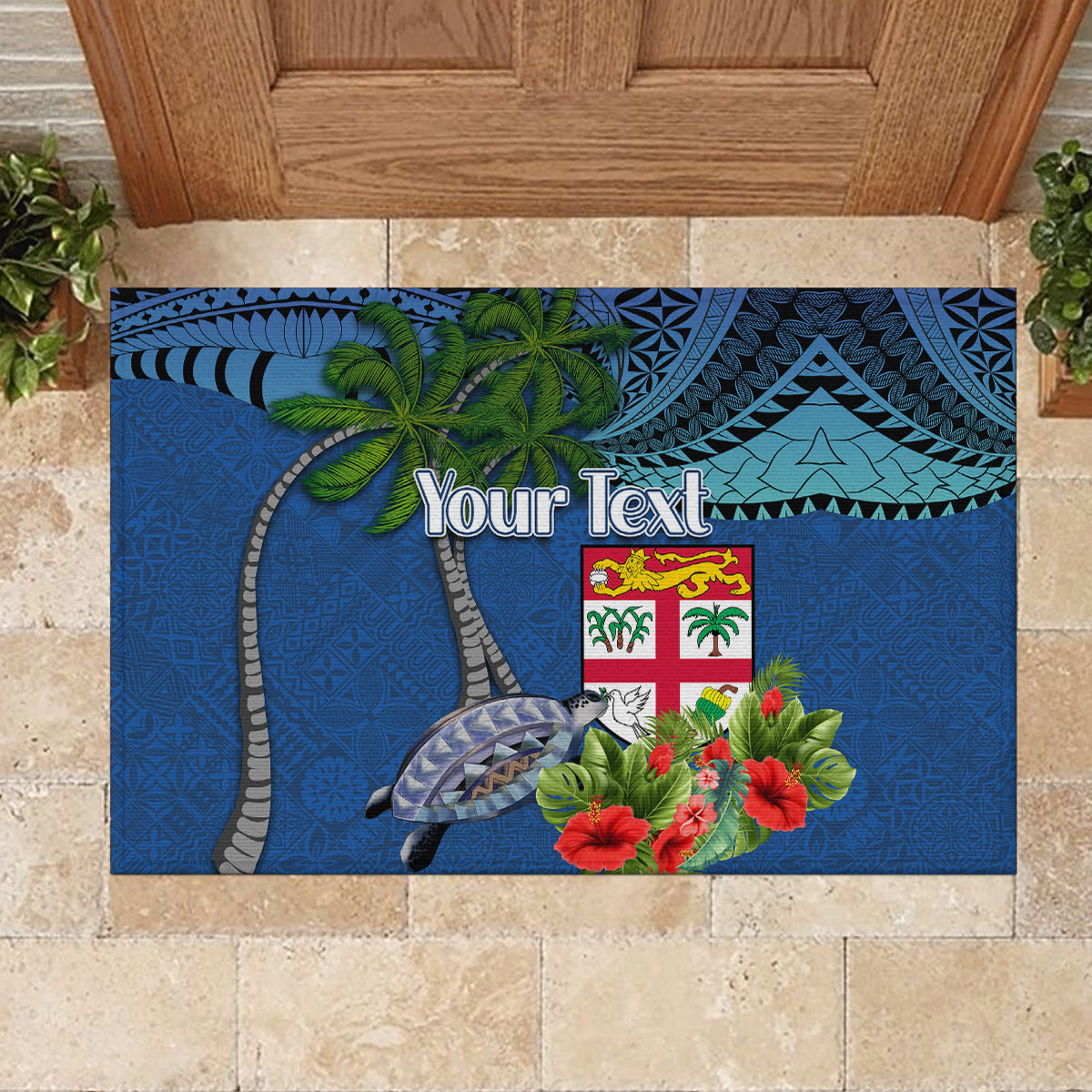 Personalised Fiji Independence Day Rubber Doormat Fijian Coat of Arms Palm and Hibiscus Tapa Pattern LT03 - Polynesian Pride