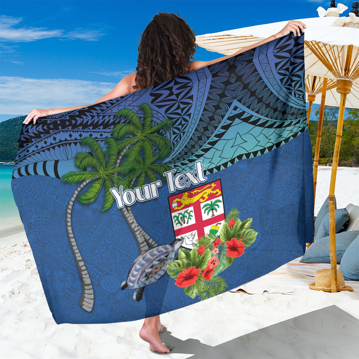 Personalised Fiji Independence Day Sarong Fijian Coat of Arms Palm and Hibiscus Tapa Pattern LT03 One Size 44 x 66 inches Blue - Polynesian Pride