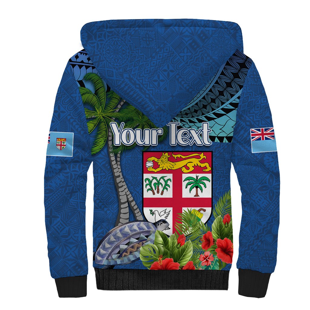 Personalised Fiji Independence Day Sherpa Hoodie Fijian Coat of Arms Palm and Hibiscus Tapa Pattern LT03 - Polynesian Pride
