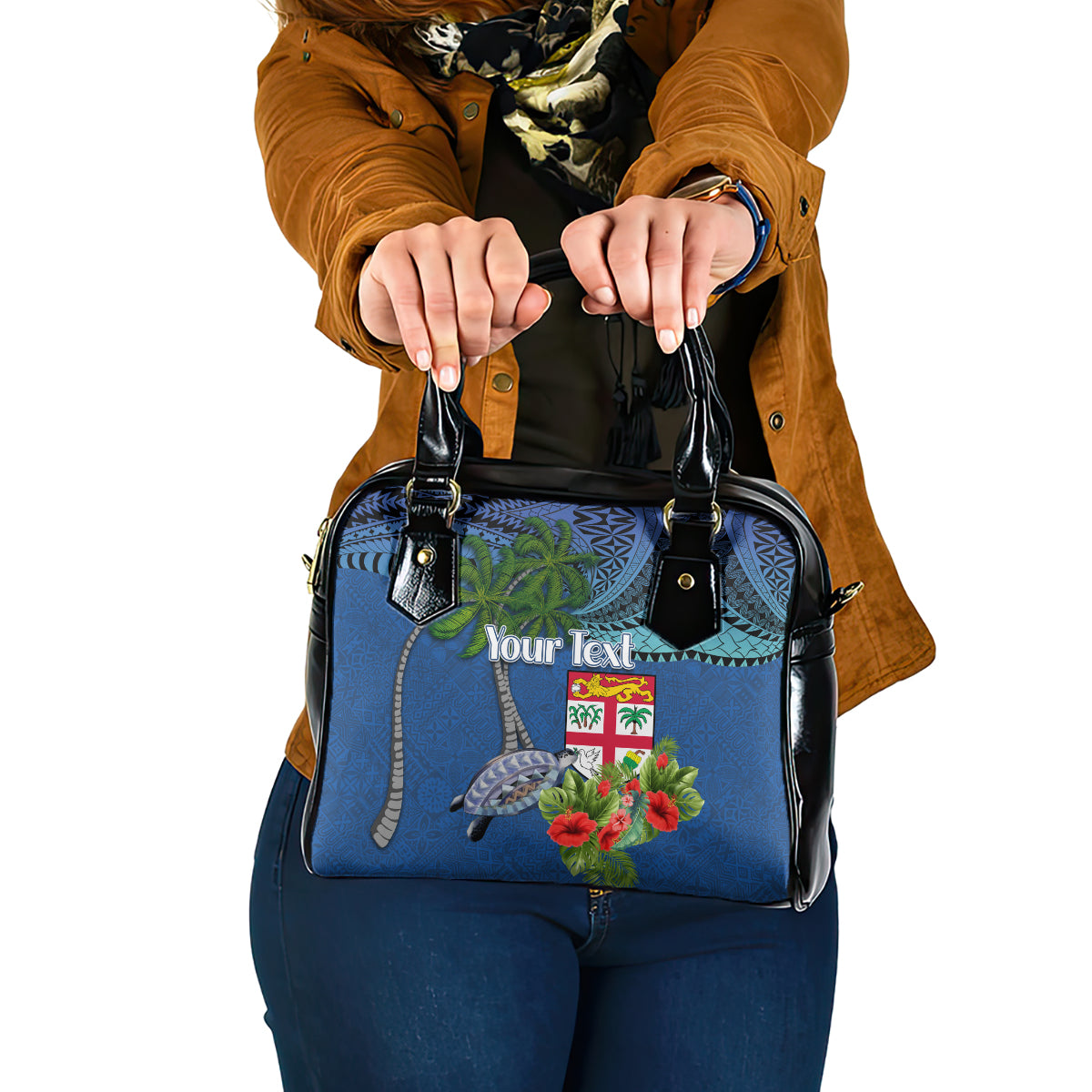 Personalised Fiji Independence Day Shoulder Handbag Fijian Coat of Arms Palm and Hibiscus Tapa Pattern LT03 One Size Blue - Polynesian Pride