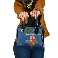 Personalised Fiji Independence Day Shoulder Handbag Fijian Coat of Arms Palm and Hibiscus Tapa Pattern LT03 One Size Blue - Polynesian Pride