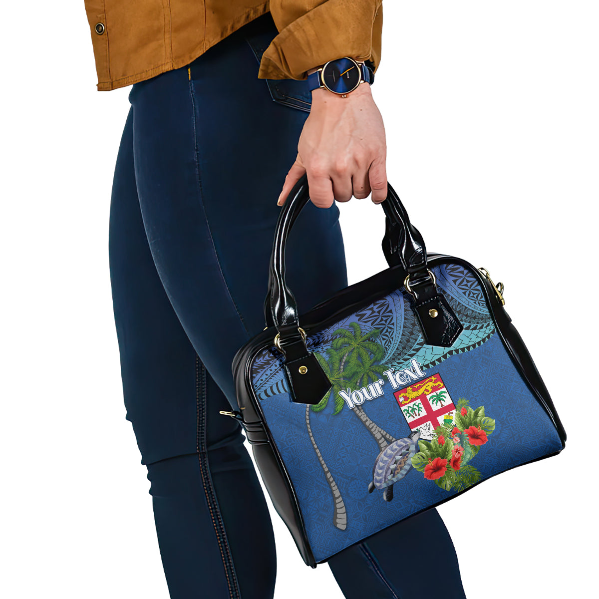 Personalised Fiji Independence Day Shoulder Handbag Fijian Coat of Arms Palm and Hibiscus Tapa Pattern LT03 - Polynesian Pride