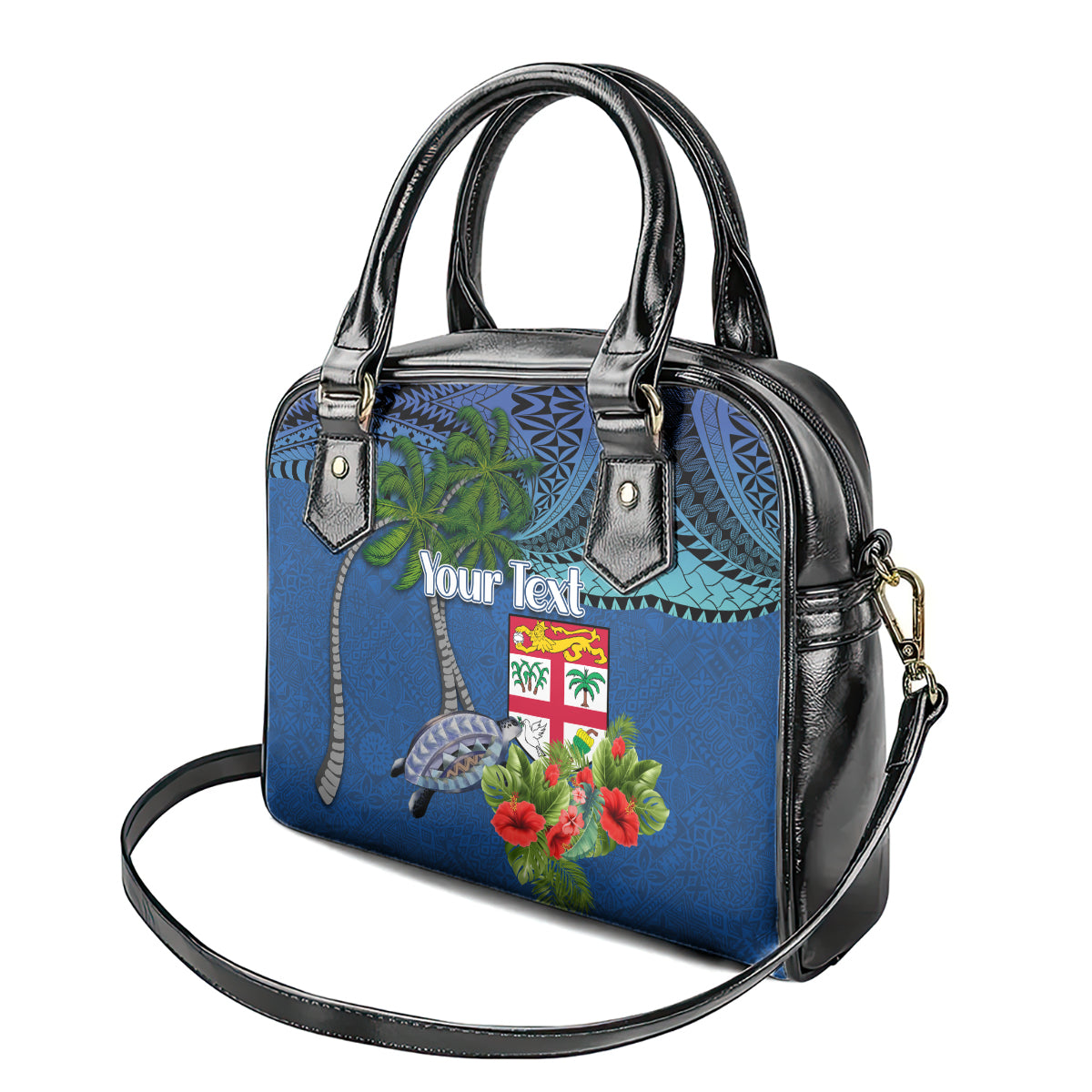 Personalised Fiji Independence Day Shoulder Handbag Fijian Coat of Arms Palm and Hibiscus Tapa Pattern LT03 - Polynesian Pride
