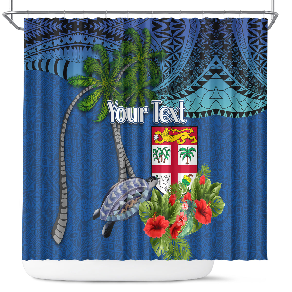 Personalised Fiji Independence Day Shower Curtain Fijian Coat of Arms Palm and Hibiscus Tapa Pattern LT03 Blue - Polynesian Pride