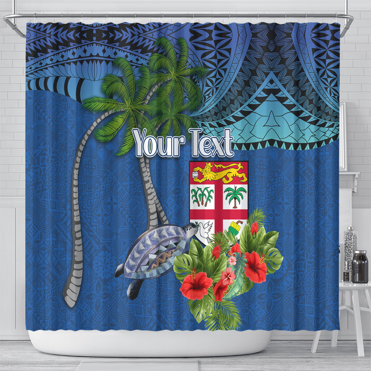 Personalised Fiji Independence Day Shower Curtain Fijian Coat of Arms Palm and Hibiscus Tapa Pattern LT03 - Polynesian Pride
