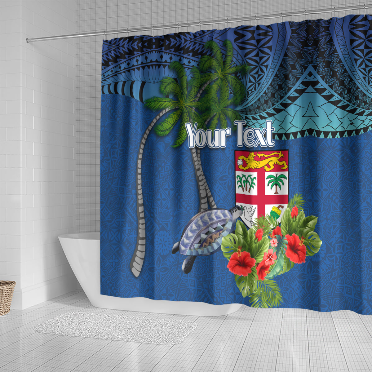 Personalised Fiji Independence Day Shower Curtain Fijian Coat of Arms Palm and Hibiscus Tapa Pattern LT03 - Polynesian Pride