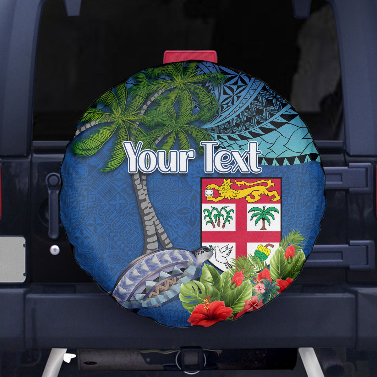 Personalised Fiji Independence Day Spare Tire Cover Fijian Coat of Arms Palm and Hibiscus Tapa Pattern LT03 - Polynesian Pride