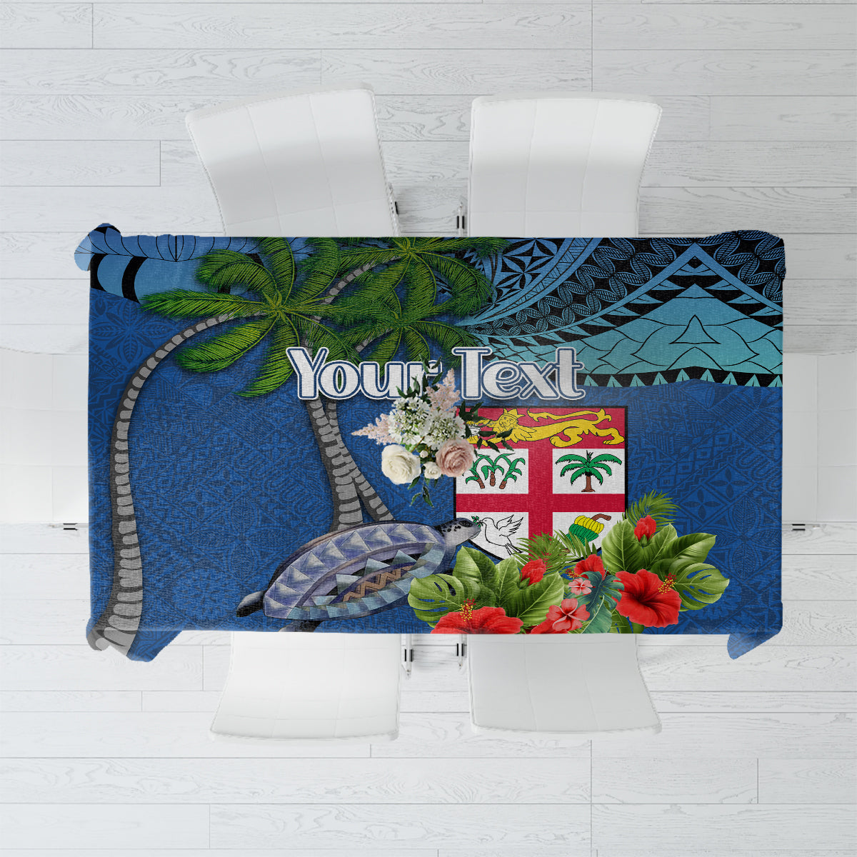 Personalised Fiji Independence Day Tablecloth Fijian Coat of Arms Palm and Hibiscus Tapa Pattern LT03 Blue - Polynesian Pride