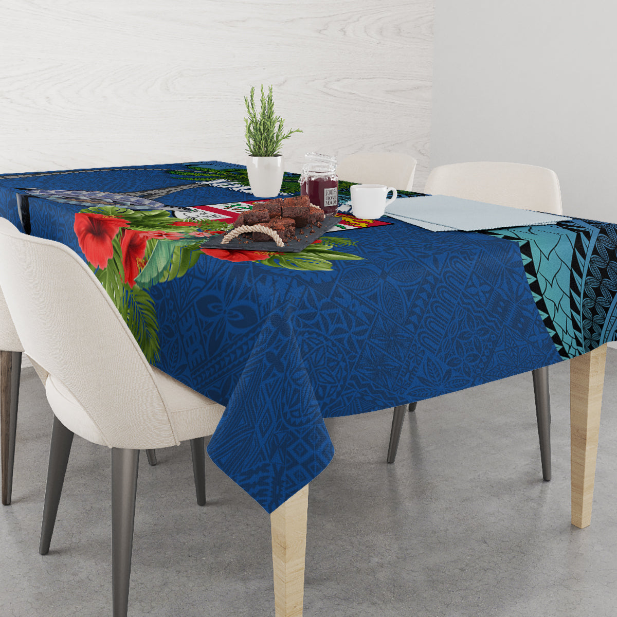 Personalised Fiji Independence Day Tablecloth Fijian Coat of Arms Palm and Hibiscus Tapa Pattern LT03 - Polynesian Pride