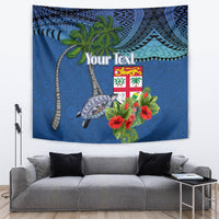 Personalised Fiji Independence Day Tapestry Fijian Coat of Arms Palm and Hibiscus Tapa Pattern LT03 Blue - Polynesian Pride